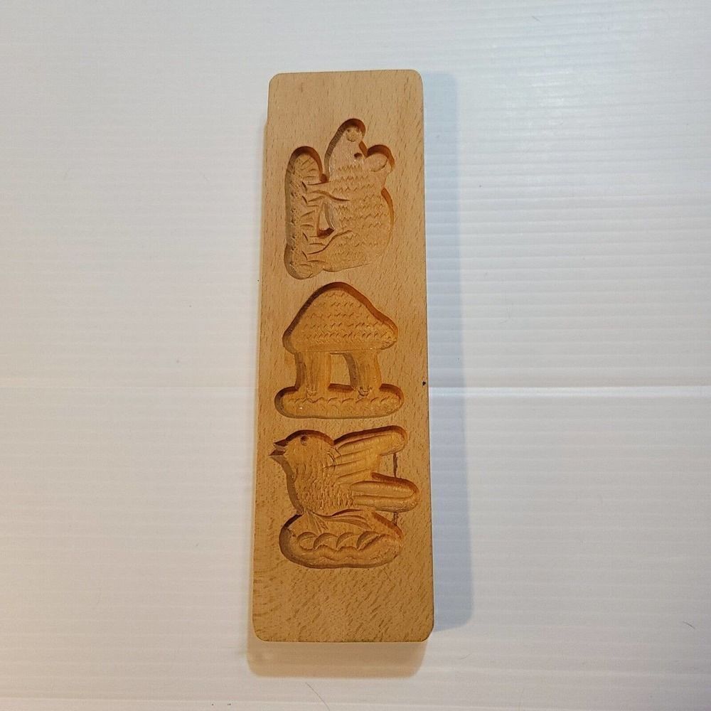 Vintage German Carved Wooden Cookie Speculaas Mold Mushroom Pig Bird
